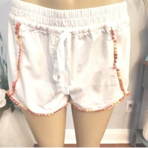 LOFT White Shorts with Colorful Pom-Pom Trim